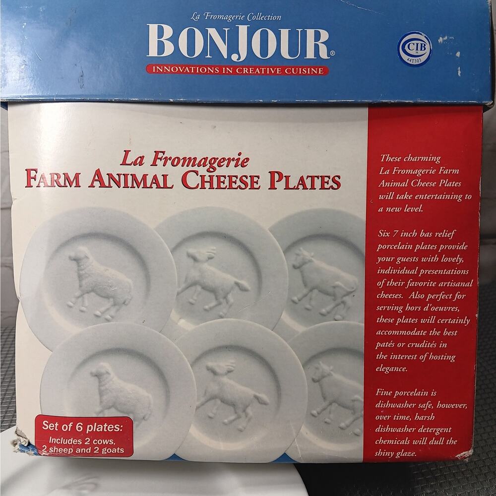 BonJour Set of 6 White 7" La Fromagerie Farm Animal Cheese Plates In Box